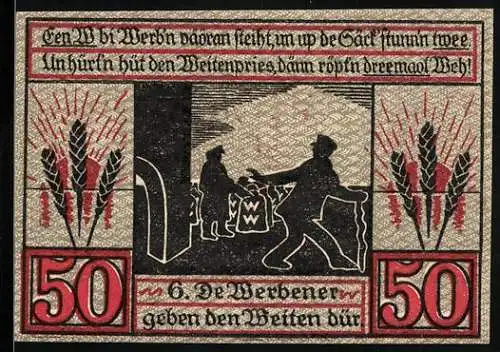 Notgeld Stendal, 1921, 50 Pfennig, Darstellung von Figuren und Getreidebündeln, Stadtwappen