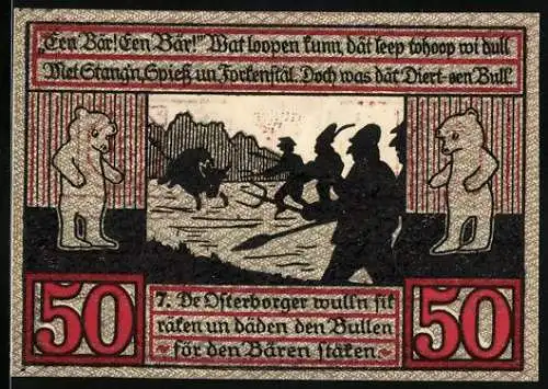 Notgeld Stendal 1921, 50 Pfennig, Illustration von Bären, Bauern im Kampf gegen Stier