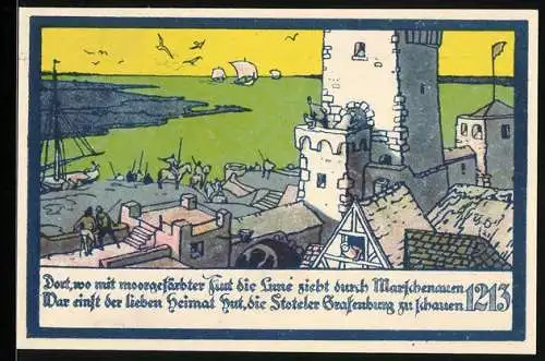 Notgeld Stotel 1921, 25 Pfennig, Illustration einer Burg mit See und Porträt von Hermann Allmers