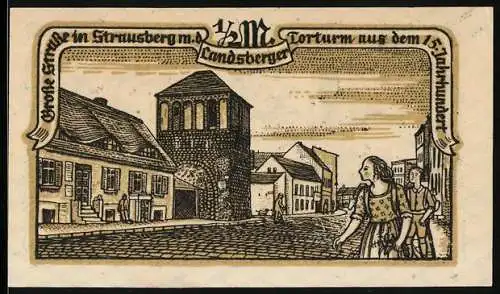 Notgeld Strausberg, 1921, 1 /2 Mark, Stadtkassenschein mit Stadtansicht und Wappen