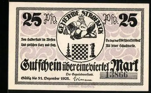 Notgeld Ströbeck 1921, 25 Pf, Gutschein der Schachturm und Wappen