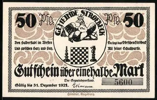 Notgeld Ströbeck 1921, 50 Pfennig, Gutschein über eine halbe Mark mit Schachbrett-Design