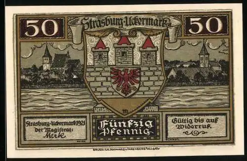 Notgeld Strasburg-Uckermark 1921, 50 Pfennig, Stadtwappen und Gebäude Abbildungen