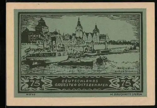 Notgeld Stettin 1922, 75 Pfennig, Deutschlands grösster Ostseehafen mit Hafen und Gebäuden