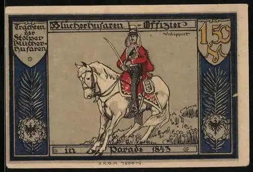 Notgeld Stolp in Pommern, 1,50 Mark, Kürassier auf Pferd und Sensenmann