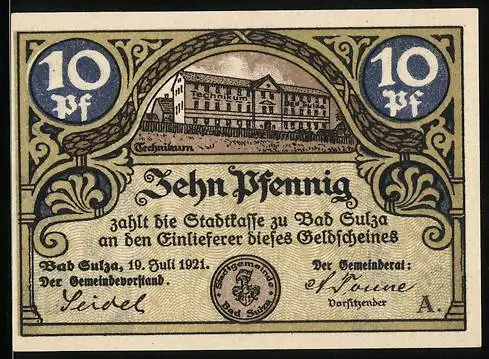 Notgeld Bad Sulza 1921, 10 Pfennig, Stadtansicht mit Gebäuden und Weinstuben