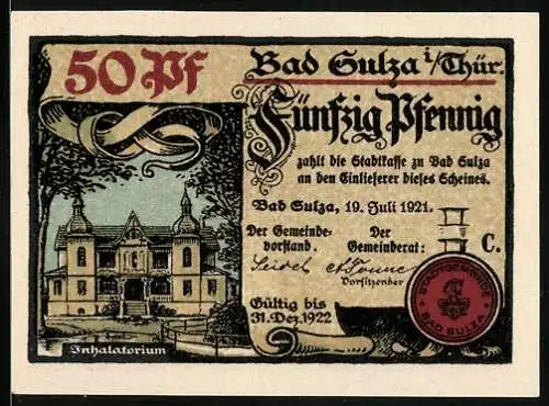 Notgeld Bad Sulza / Thüringen 1921, 50 Pfennig, Inhalatorium, Kurgäste an der Trinkhalle