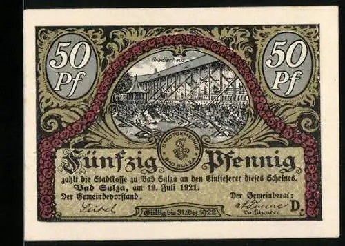 Notgeld Bad Sulza 1921, 50 Pfennig, Vorderseite Gradierhaus Rückseite Tänzer in Birkenallee