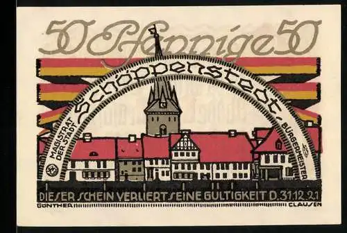 Notgeld Schöppenstedt, 1921, 50 Pfennig, Stadtansicht und kunstvolle Schrift