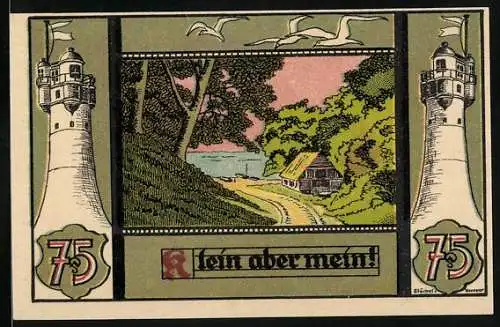 Notgeld Sellin auf Rügen, 75 Pfennig, landschaftliche Szene mit Leuchttürmen und Küste