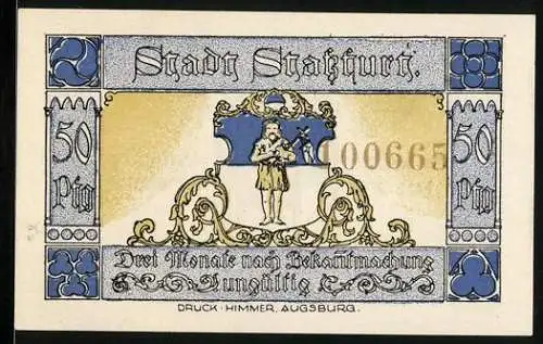 Notgeld Stassfurt, 1921, 50 Pfennig, historische Figuren und Schriftzüge in blau-gelb