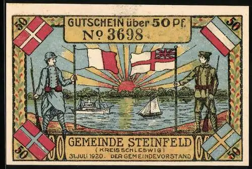Notgeld Gemeinde Steinfeld, 1920, 50 Pf, Gutscheinschein mit Flaggen und Segelschiff, Rückseite mit Baum und Wappen