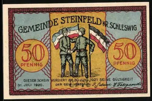 Notgeld Gemeinde Steinfeld Kr. Schleswig 1920, 50 Pfennig, Soldaten und Flagge sowie Sonnenuntergang mit Windmühle