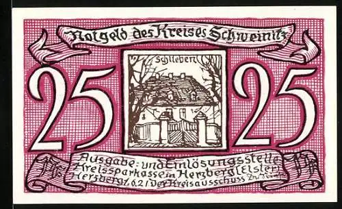 Notgeld Herzberg / Elster Kreis Schweinitz, 25 Pfennig, Schloss Schlieben und schreibender Mönch mit Feder