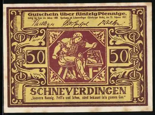 Notgeld Schneverdingen, 1921, 50 Pfennig, Handwerker und Blumenmuster