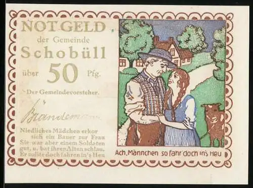 Notgeld Schobüll, 50 Pfennig, Bauer mit Mädchen und Kuh, orangefarbenes Herz und Getreidebündel