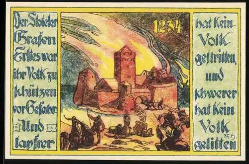 Notgeld Stotel, 1921, 25 Pfennig, Burg mit kämpfenden Menschen und German Allmers im Garten