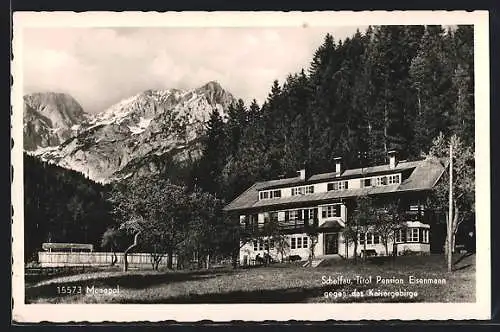 AK Scheffau, Hotel-Pension Eisenmann, Blick zum Kaisergebirge