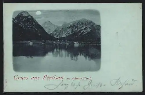 Mondschein-AK Pertisau /Tirol, Ortsansicht mit Achensee und Bergen