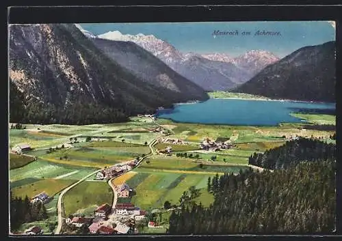 AK Maurach am Achensee, Ortsansicht mit See und Berg-Panorama aus der Vogelschau