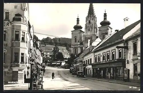 AK Mariazell, Grazerstrasse mit Zapfsäule für Sphinx-Benzin und Kirche