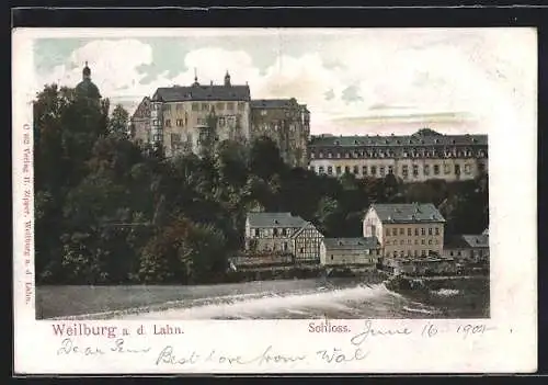 AK Weilburg a. d. Lahn, Flusspartie mit Schloss