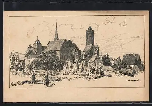 Künstler-AK Otto Ubbelohde: Schlitz /Hessen, Ortspartie mit Kirche