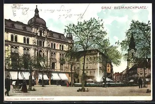 AK Graz, Passanten und Geschäfte auf dem Bismarckplatz