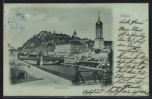 Mondschein-AK Graz, Schlossberg mit Brücke