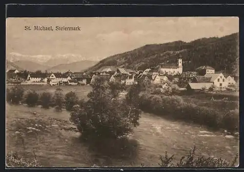 AK St. Michael /Steiermark, Blick über Wasser auf den Ort