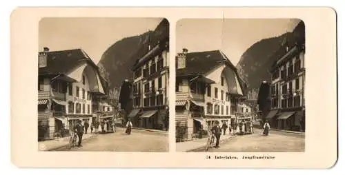 Stereo-Fotografie NPG, Berlin, Ansicht Interlaken, Blick in die Jungfraustrasse mit Hotel Schwanen und Droguerie