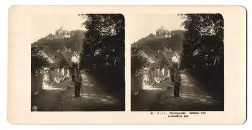 Stereo-Fotografie NPG, Berlin, Ansicht Wernigerode, Schloss vom Lindenberg aus, Wanderer mit Ruckssack