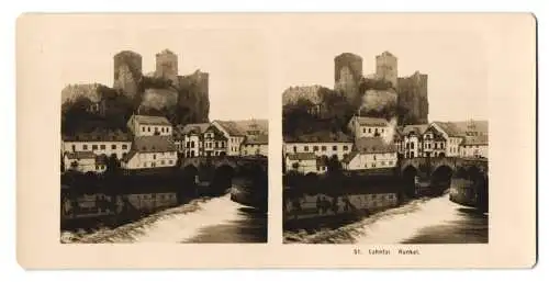 Stereo-Fotografie NPG, Berlin, Ansicht Runkel, Lahn Wehr mit Blick zum Ort und Burg Ruine