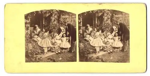 Stereo-Fotografie Mutterglück, glückliches Elternpaar mit sechs Kindern