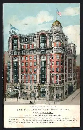 AK New York, NY, Hotel Belleclaire, Broadway at 77th Street, Albert R. Keene, Manager