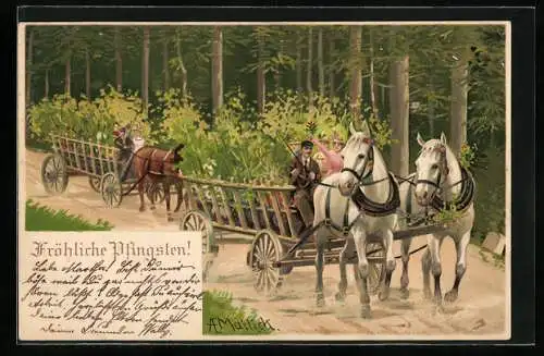 Künstler-AK Alfred Mailick: Pferdewägen mit Büschen im Wald, Pfingstgruss