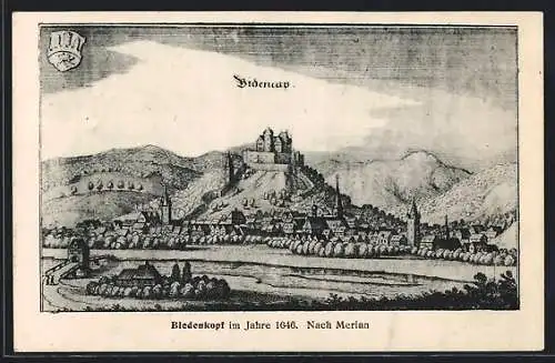 Künstler-AK Biedenkopf, Alte Stadtansicht nach Merian im Jahr 1646