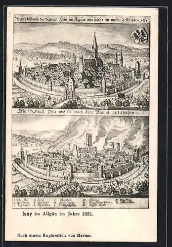 Künstler-AK Isny im Allgäu, Ortsansicht mit Kirche im Jahr 1631, nach Merian