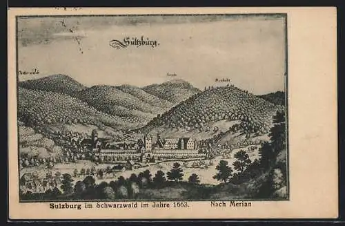 Künstler-AK Sulzburg im Schwarzwald, Ortsansicht im Jahr 1663, nach Merian