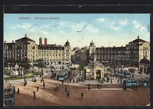 AK München, Karlsplatz-Rondell aus der Vogelschau, Strassenbahn