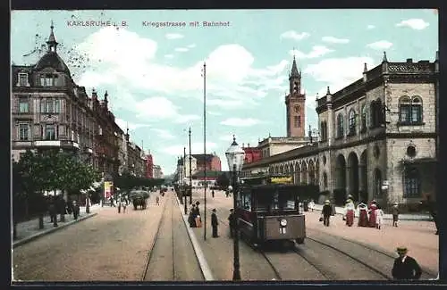 AK Karlsruhe, Kriegsstrasse mit Bahnhof und Strassenbahn