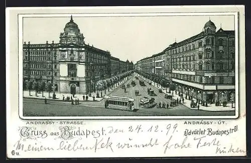 Lithographie Budapest, Andrassy-Strasse mit Strassenbahn