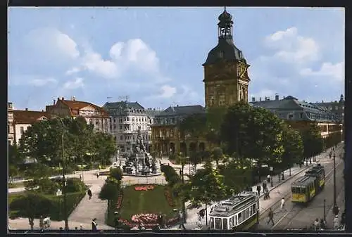 AK Mannheim, Paradeplatz und Kaufhaus mit Strassenbahn