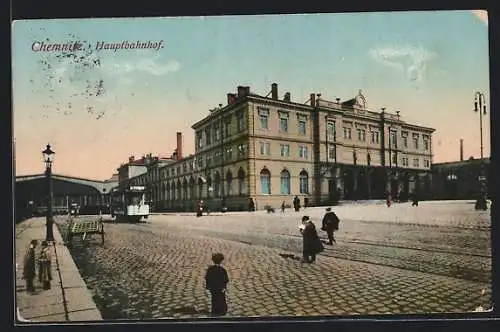 AK Chemnitz, Strassenbahn vor dem Hauptbahnhof