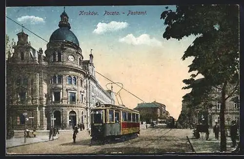 AK Krakau-Krakow, Postamt, Strassenbahn