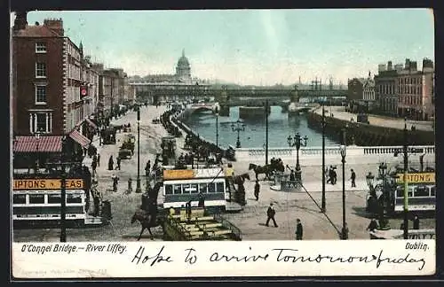 AK Dublin, O`Connel Bridge - River Liffey, Strassenbahnen