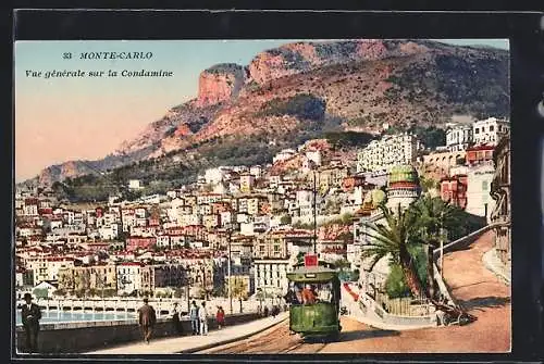 AK Monte-Carlo, Vue générale sur la Condamine, Strassenbahn