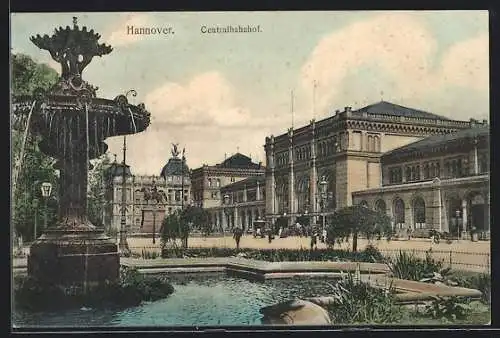 AK Hannover, Centralbahnhof und Springbrunnen