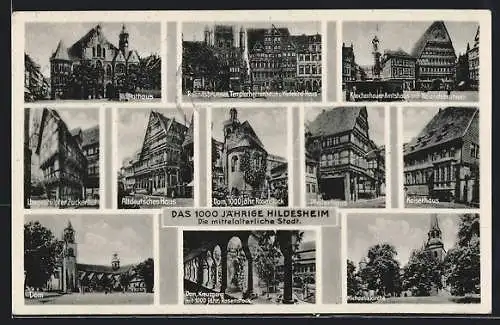 AK Hildesheim, Rathaus, Rolandsbrunnen, Templerherrenhaus, Wedekind-Haus, Michaeliskirche, Kaiserhaus