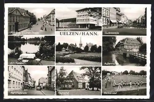 AK Uelzen /Hann., Rathaus und Lüneburger Str., Gudesstrasse, Ratsteich, Badeanstalt, Fischerhof, Bahnhofstrasse